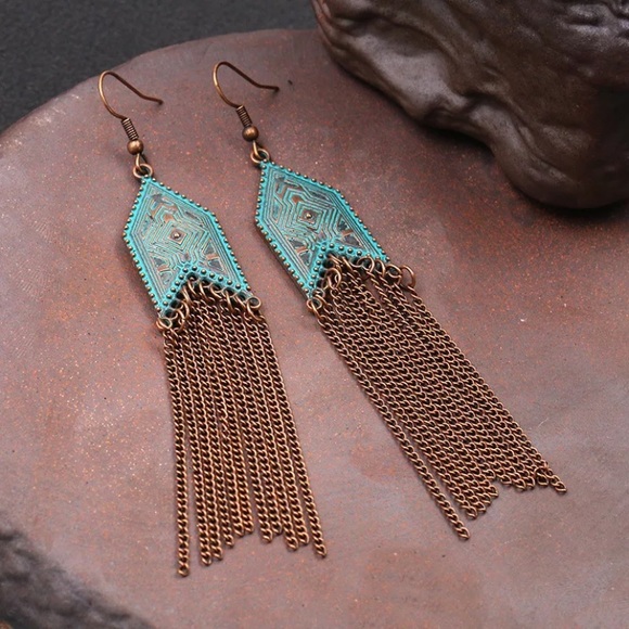 Turquoise Western Boho Chain Fringe Earrings - Picture 4 of 6